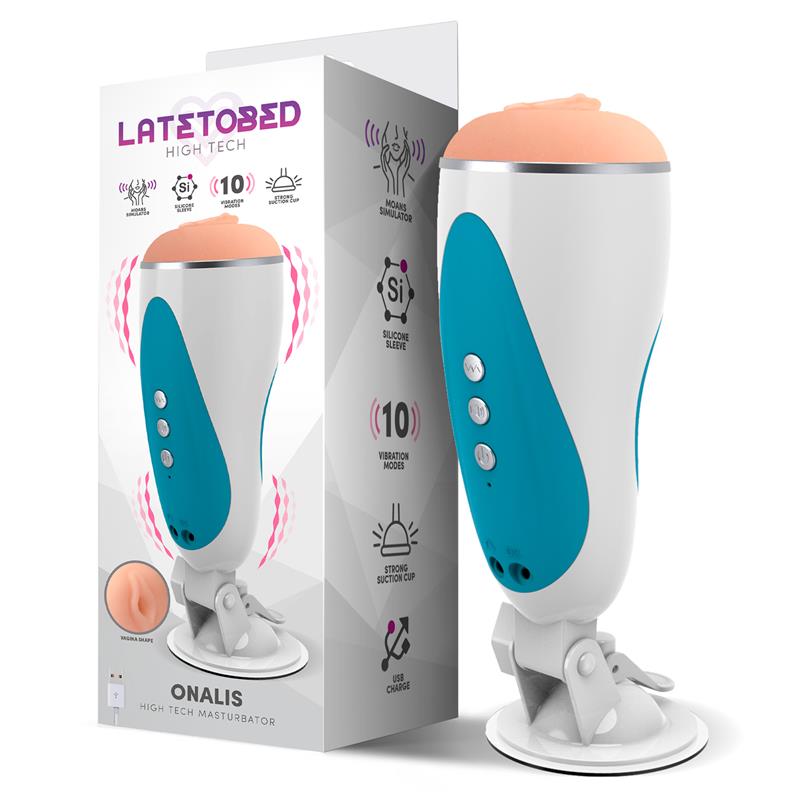 Masturbatore Vibro Vagina Con Sound Usb Involucro Bianco/Blu "Onalis" – forma vagina, colore carne, taglia L