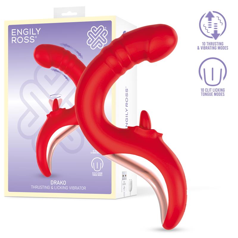 Drako Rabbit Thrusting E Licking Vibro – rosso, 6 pollici