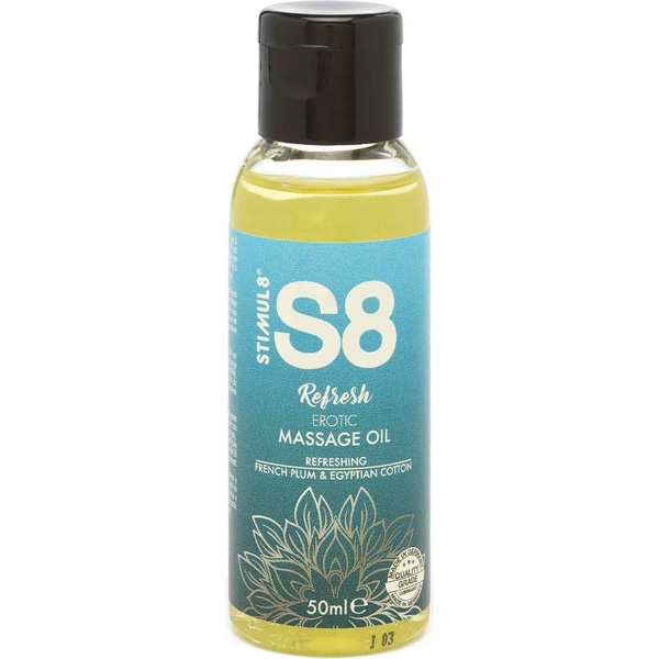 S8 Massage Oil – olio da massaggio da 50 ml con prugna francese e cotone egiziano