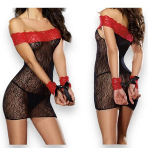 Mini Abito Pizzo Nero con Collo in Pizzo Rosso a Barca con Maniche